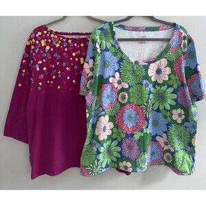 Talbots Lot Of 2 Knit Tops Tee Floral 3/4 & short Sleeve Cotton Blend  3X Plus